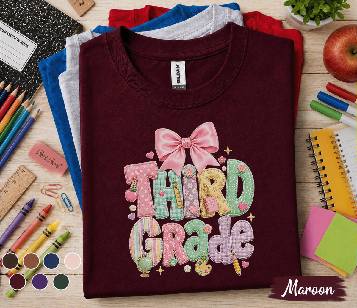 Third Grade Shirt, Cute Back to School Shirt for Girls, First Day of 3rd Grade Tee, Pink Bow School Shirt, Third Grade Student Gift Teacher