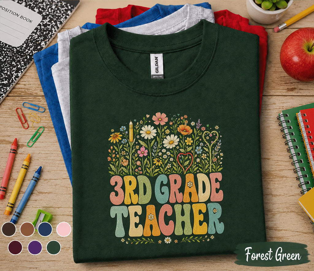 3rd Grade Teacher Shirt, Retro Floral Teacher Tee, Third Grade Teacher Wildflower Shirt, Back to School Teacher Gift Idea