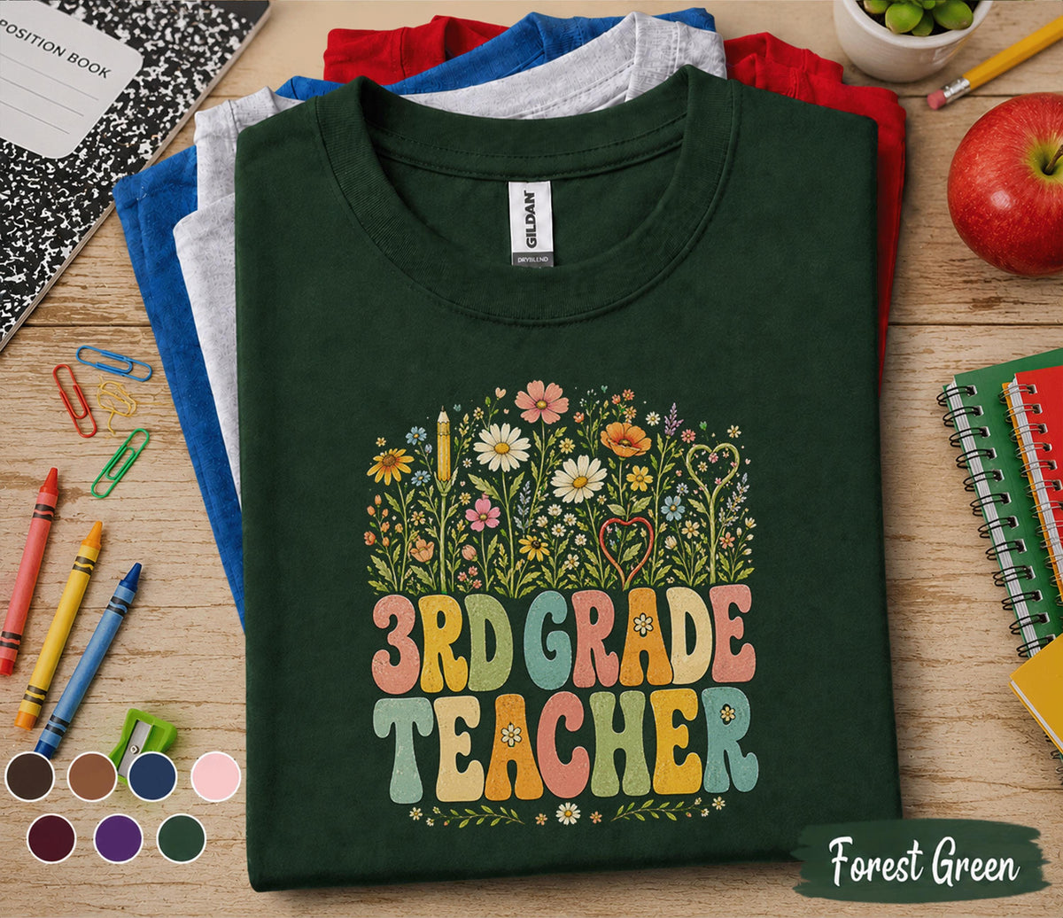 3rd Grade Teacher Shirt, Retro Floral Teacher Tee, Third Grade Teacher Wildflower Shirt, Back to School Teacher Gift Idea