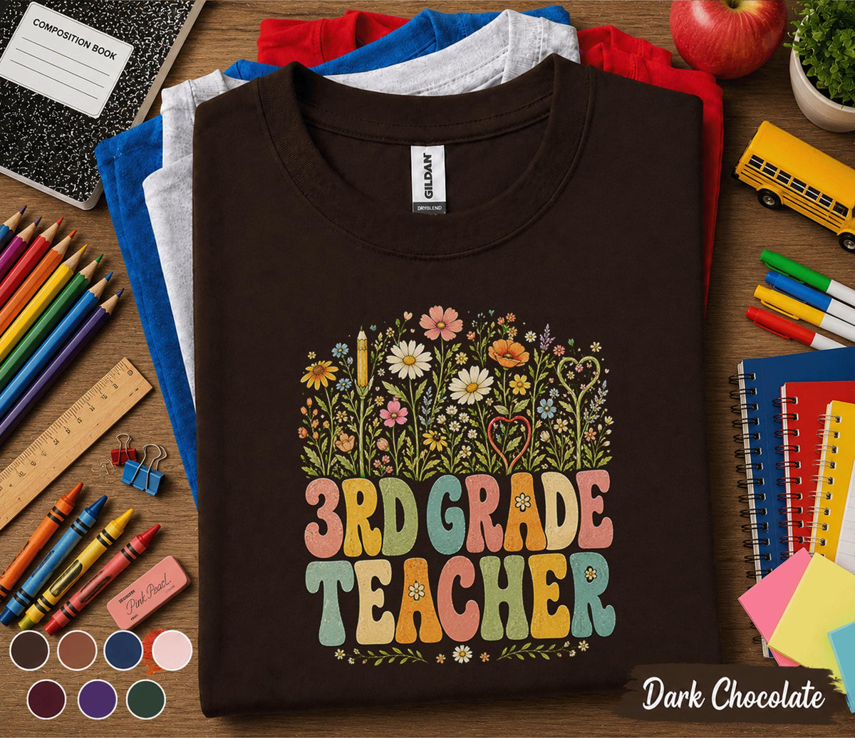 3rd Grade Teacher Shirt, Retro Floral Teacher Tee, Third Grade Teacher Wildflower Shirt, Back to School Teacher Gift Idea