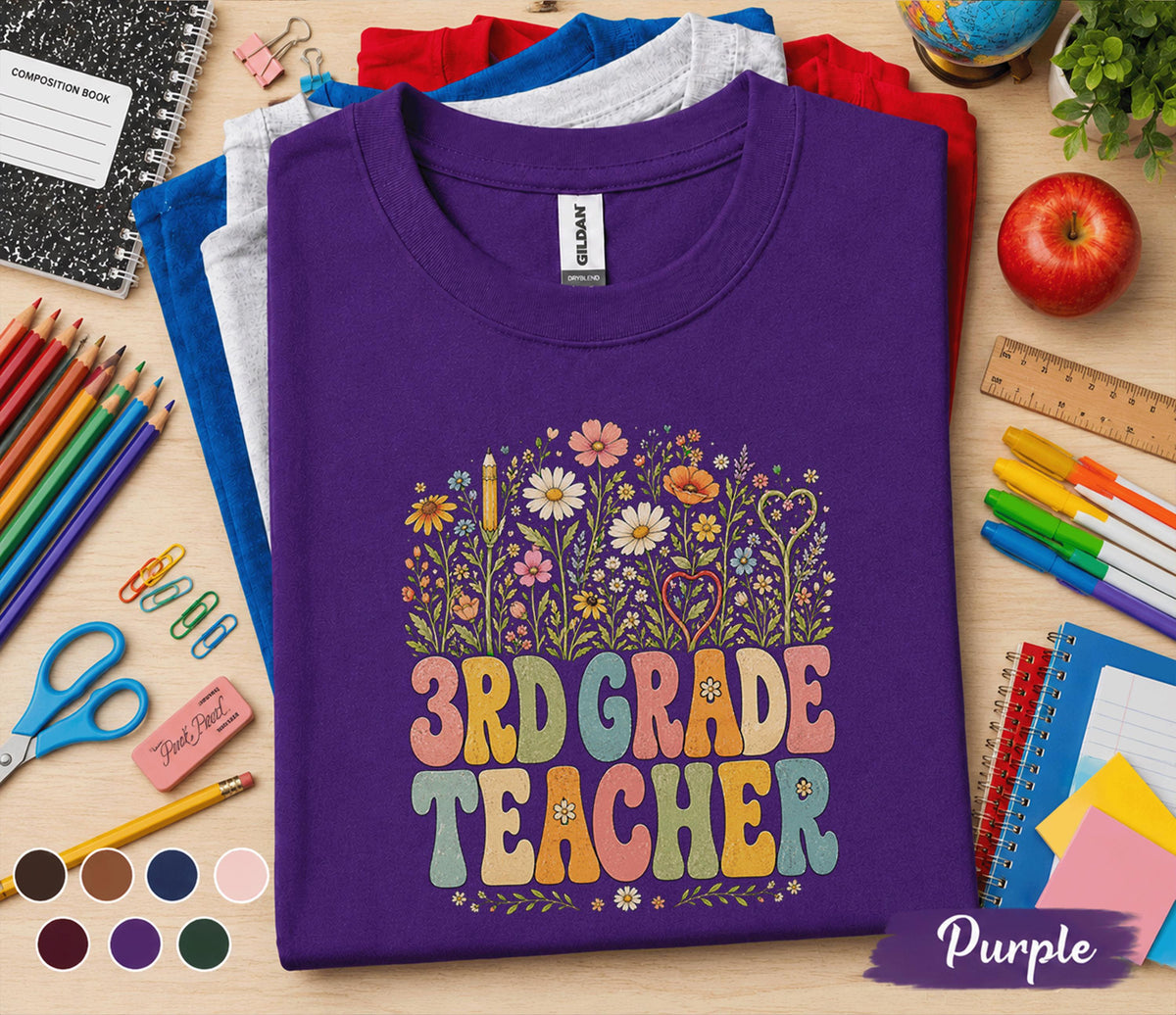3rd Grade Teacher Shirt, Retro Floral Teacher Tee, Third Grade Teacher Wildflower Shirt, Back to School Teacher Gift Idea