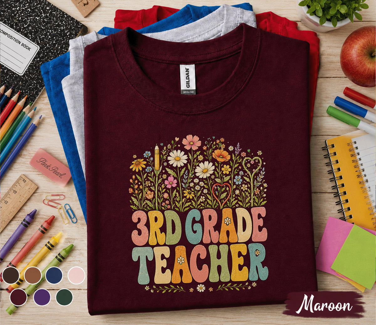 3rd Grade Teacher Shirt, Retro Floral Teacher Tee, Third Grade Teacher Wildflower Shirt, Back to School Teacher Gift Idea