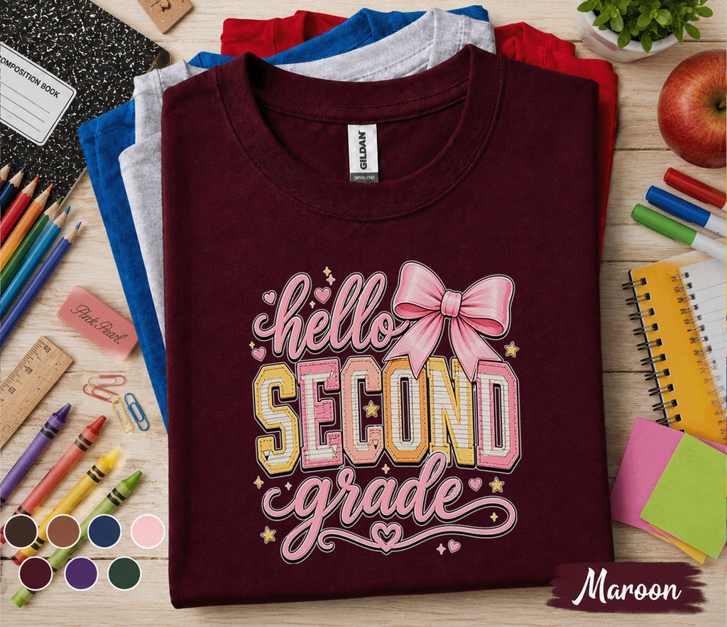 Hello Second Grade Shirt, Cute Back to School Girl Tee, First Day of 2nd Grade Shirt with Pink Bow, Second Grade Student Outfit