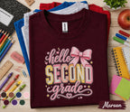 Hello Second Grade Shirt, Cute Back to School Girl Tee, First Day of 2nd Grade Shirt with Pink Bow, Second Grade Student Outfit