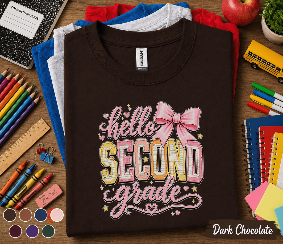 Hello Second Grade Shirt, Cute Back to School Girl Tee, First Day of 2nd Grade Shirt with Pink Bow, Second Grade Student Outfit