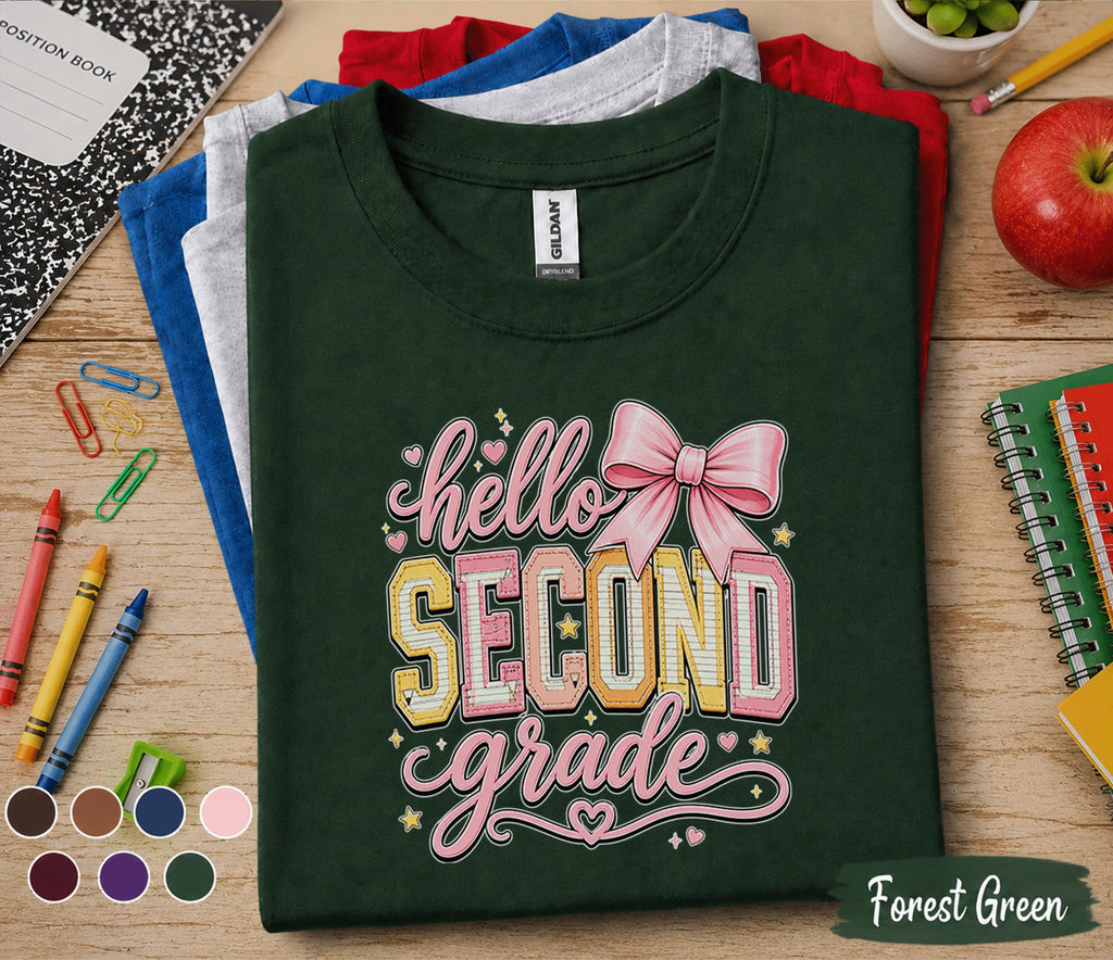 Hello Second Grade Shirt, Cute Back to School Girl Tee, First Day of 2nd Grade Shirt with Pink Bow, Second Grade Student Outfit
