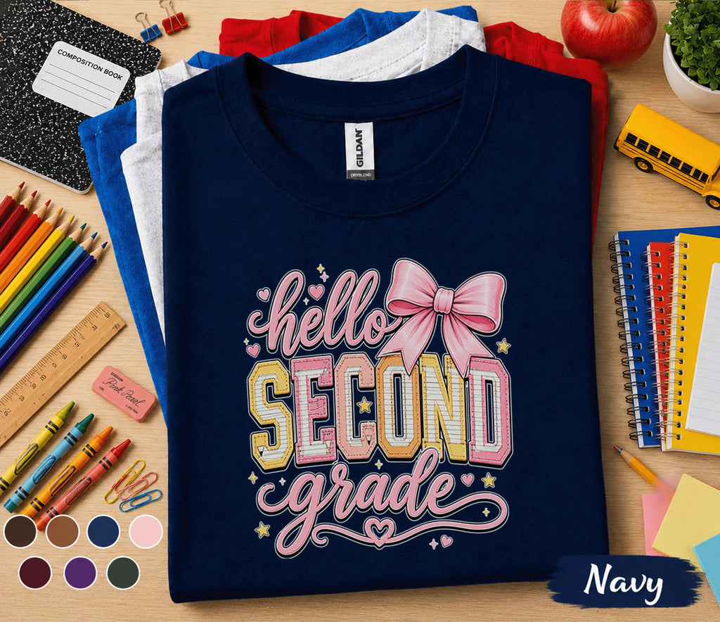 Hello Second Grade Shirt, Cute Back to School Girl Tee, First Day of 2nd Grade Shirt with Pink Bow, Second Grade Student Outfit