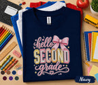 Hello Second Grade Shirt, Cute Back to School Girl Tee, First Day of 2nd Grade Shirt with Pink Bow, Second Grade Student Outfit