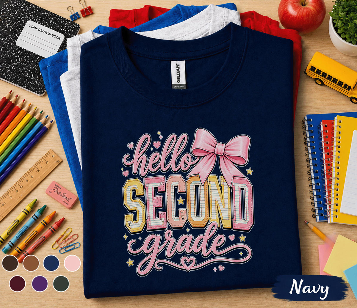 Hello Second Grade Shirt, Cute Back to School Girl Tee, First Day of 2nd Grade Shirt with Pink Bow, Second Grade Student Outfit