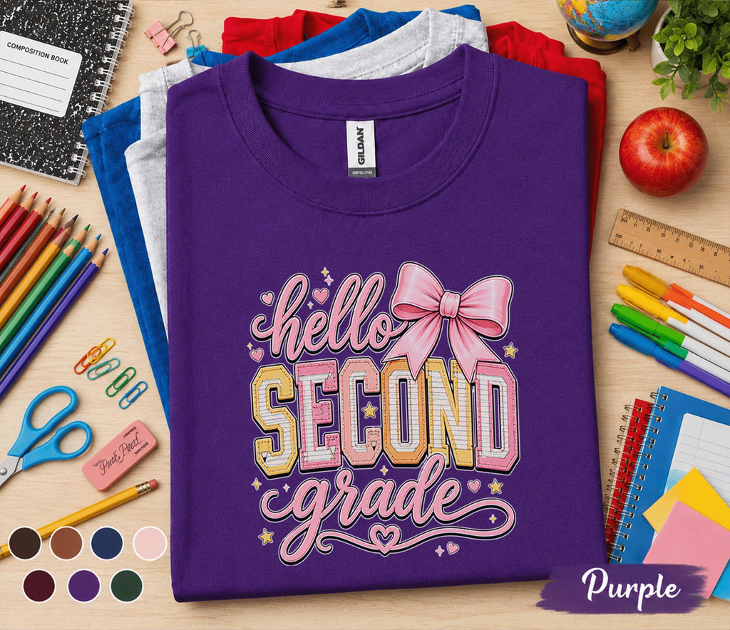 Hello Second Grade Shirt, Cute Back to School Girl Tee, First Day of 2nd Grade Shirt with Pink Bow, Second Grade Student Outfit