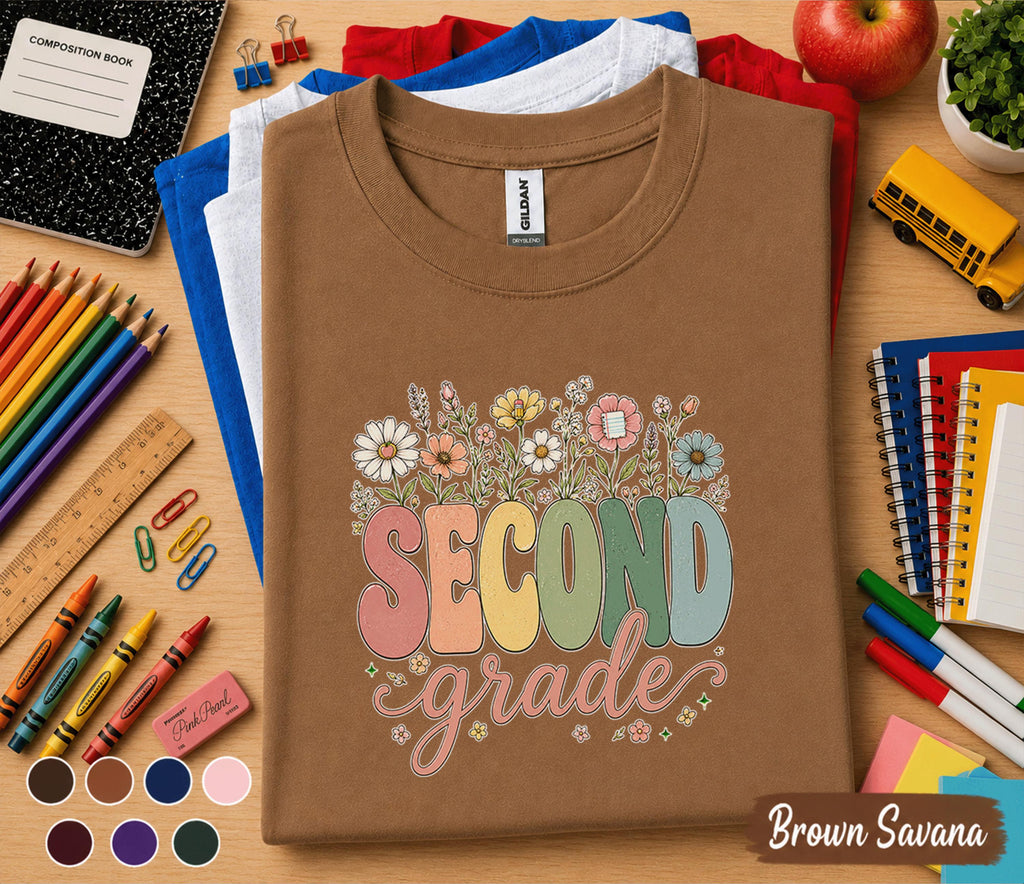 Second Grade Floral Shirt, Teacher Back to School Tee, First Day of School Wildflower Grade 2 Shirt, Cute Second Grade Student Gift for Girl