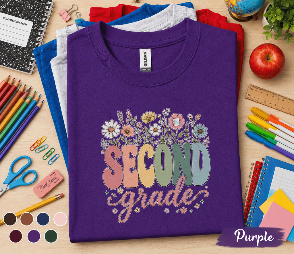 Second Grade Floral Shirt, Teacher Back to School Tee, First Day of School Wildflower Grade 2 Shirt, Cute Second Grade Student Gift for Girl