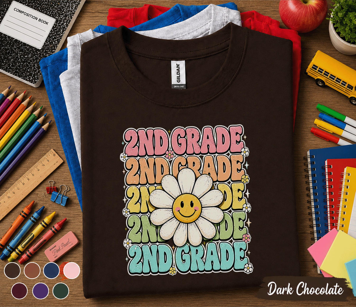 2nd Grade Daisy Shirt, Cute Second Grade Back to School Tee Girls, Teacher First Day of School Shirt, Retro Smiley Flower Student Gift