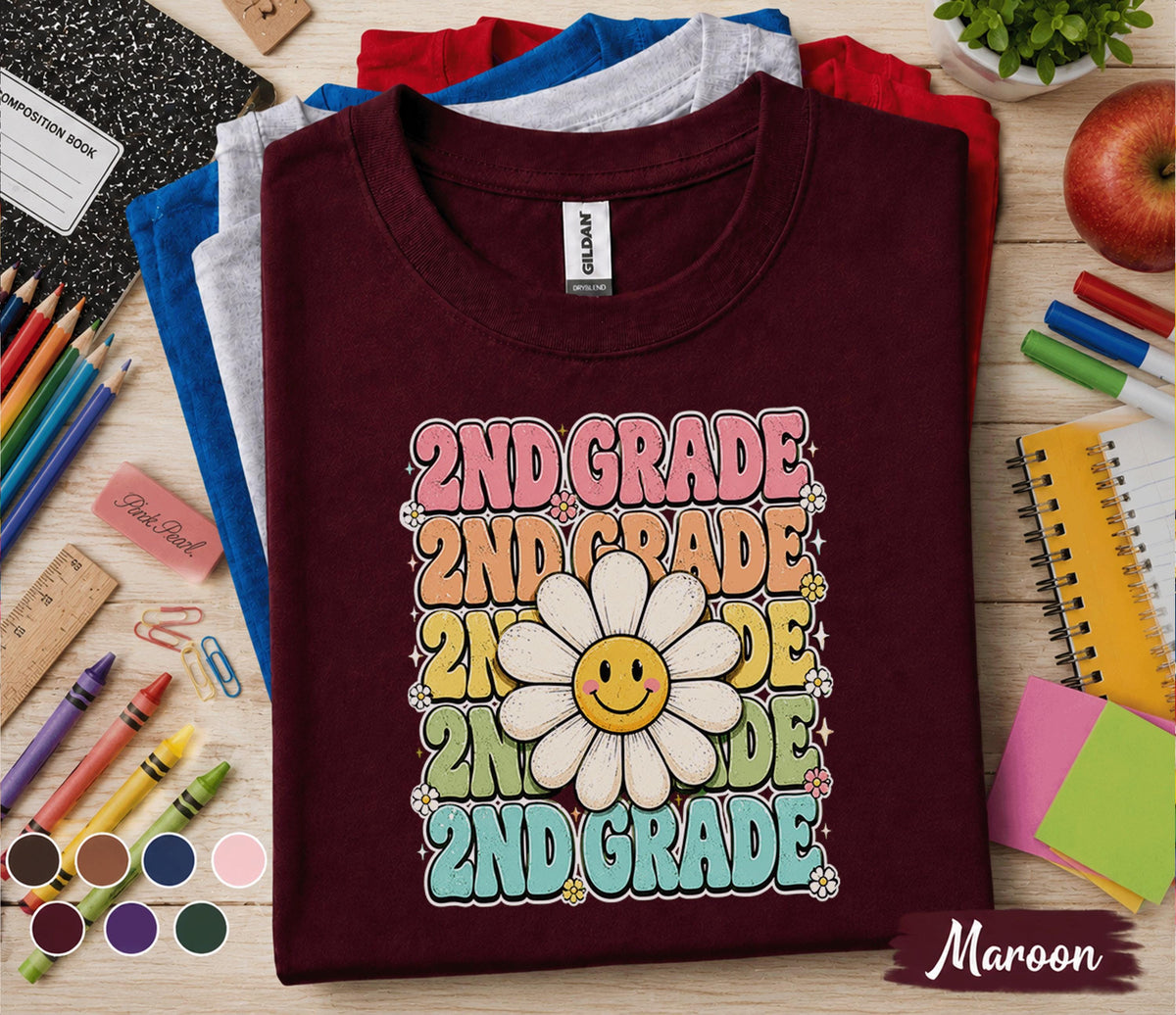 2nd Grade Daisy Shirt, Cute Second Grade Back to School Tee Girls, Teacher First Day of School Shirt, Retro Smiley Flower Student Gift