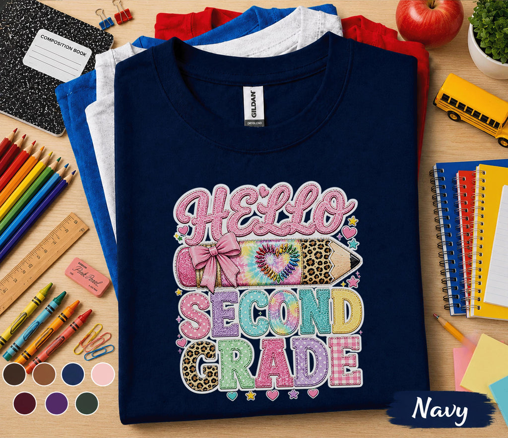 Hello Second Grade Shirt, Cute Coquette Back to School Tee, Teacher First Day of 2nd Grade Shirt, Girls Pencil Bow Student Outfit