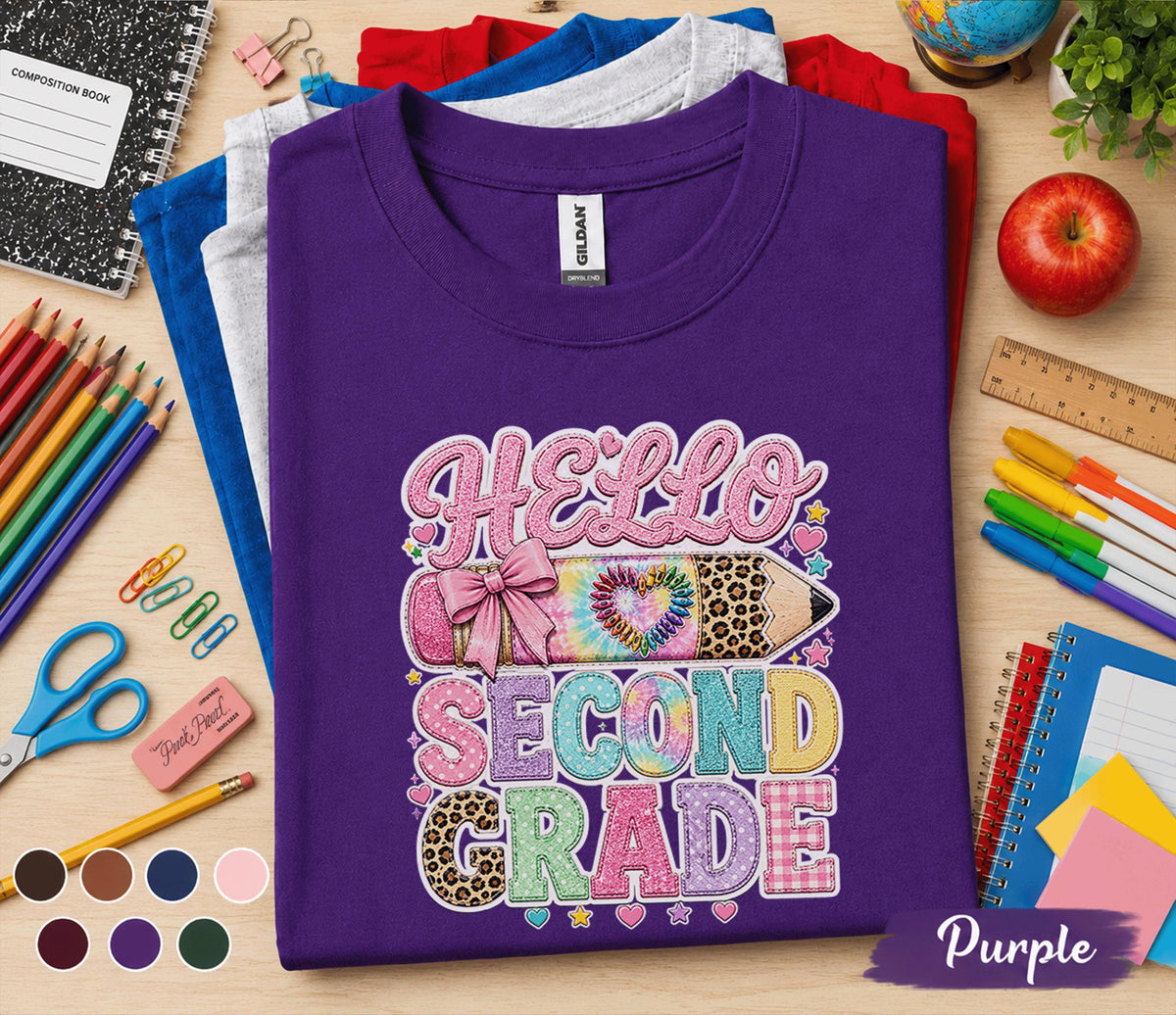 Hello Second Grade Shirt, Cute Coquette Back to School Tee, Teacher First Day of 2nd Grade Shirt, Girls Pencil Bow Student Outfit