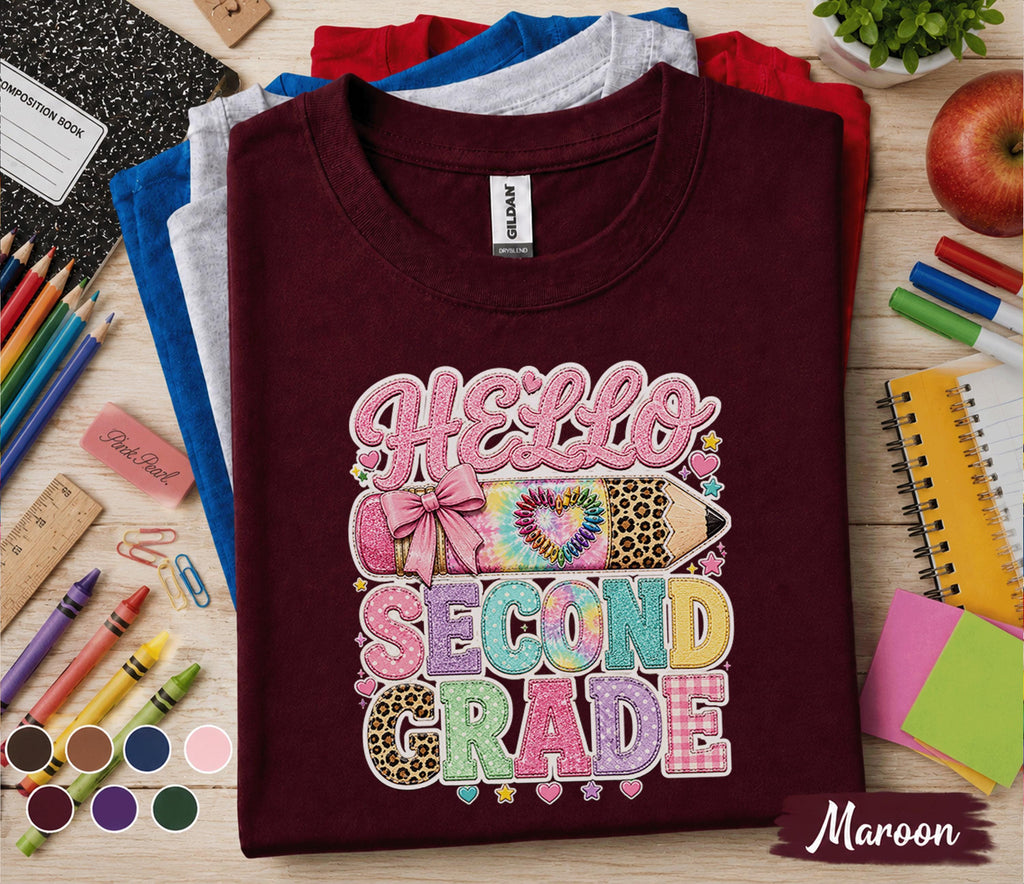 Hello Second Grade Shirt, Cute Coquette Back to School Tee, Teacher First Day of 2nd Grade Shirt, Girls Pencil Bow Student Outfit