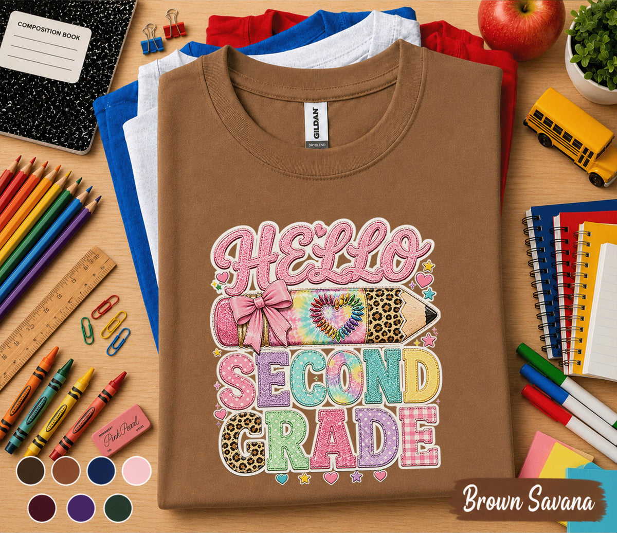 Hello Second Grade Shirt, Cute Coquette Back to School Tee, Teacher First Day of 2nd Grade Shirt, Girls Pencil Bow Student Outfit