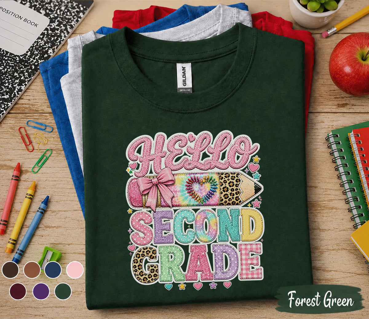 Hello Second Grade Shirt, Cute Coquette Back to School Tee, Teacher First Day of 2nd Grade Shirt, Girls Pencil Bow Student Outfit