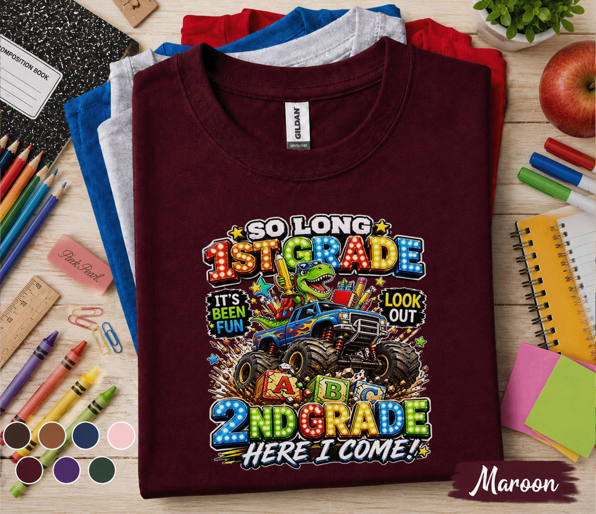 So Long 1st Grade Here I Come 2nd Grade Shirt Dinosaur Monster Truck Back to School Tee First Day of Second Grade Kids Student Gift