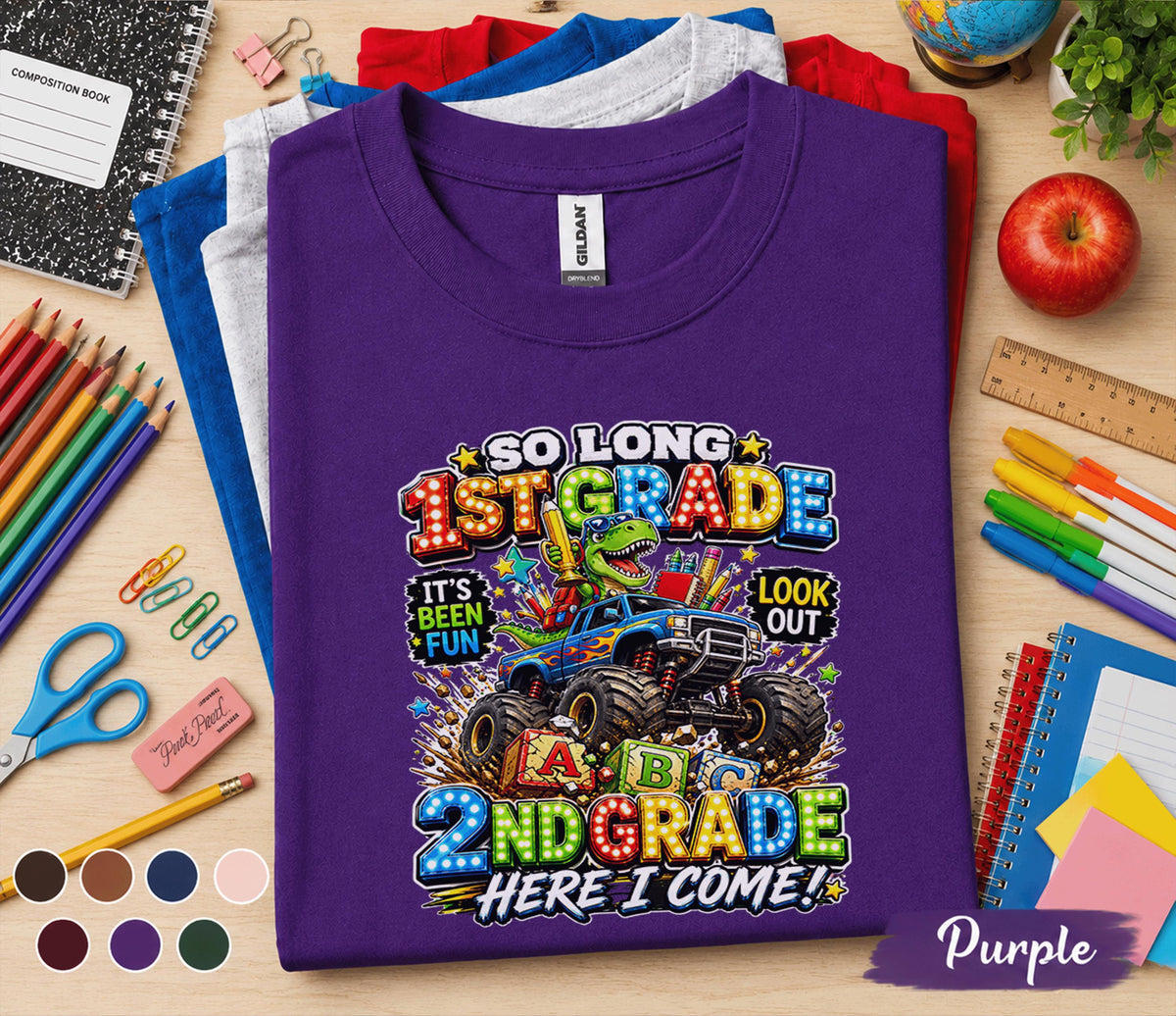 So Long 1st Grade Here I Come 2nd Grade Shirt Dinosaur Monster Truck Back to School Tee First Day of Second Grade Kids Student Gift