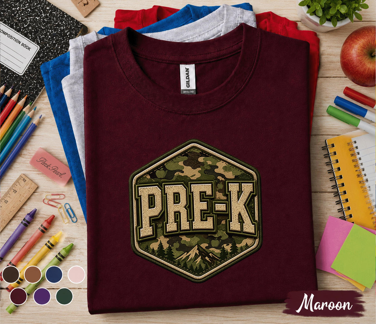 Pre-K Camo Back to School Shirt Preschool Student First Day of Pre-K Tee Camouflage School Outfit Kids Teacher Gift Kindergarten Ready