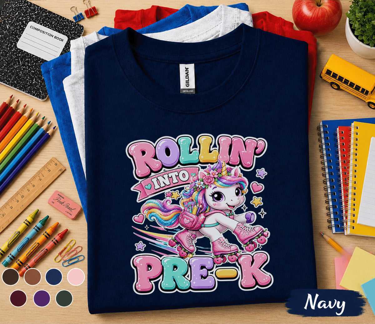 Rollin Into Pre-K Shirt Unicorn Roller Skates Back to School Tee First Day of Preschool Cute Pre-K Student Gift Girls School Outfit