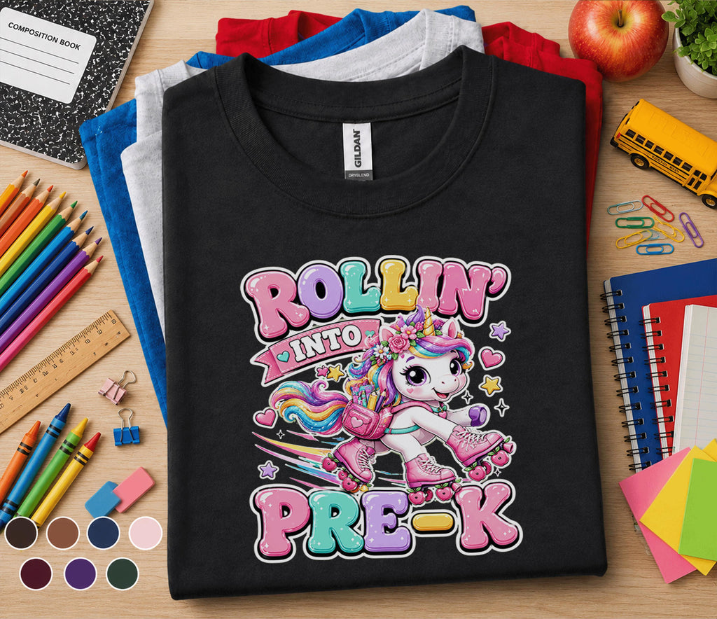 Rollin Into Pre-K Shirt Unicorn Roller Skates Back to School Tee First Day of Preschool Cute Pre-K Student Gift Girls...