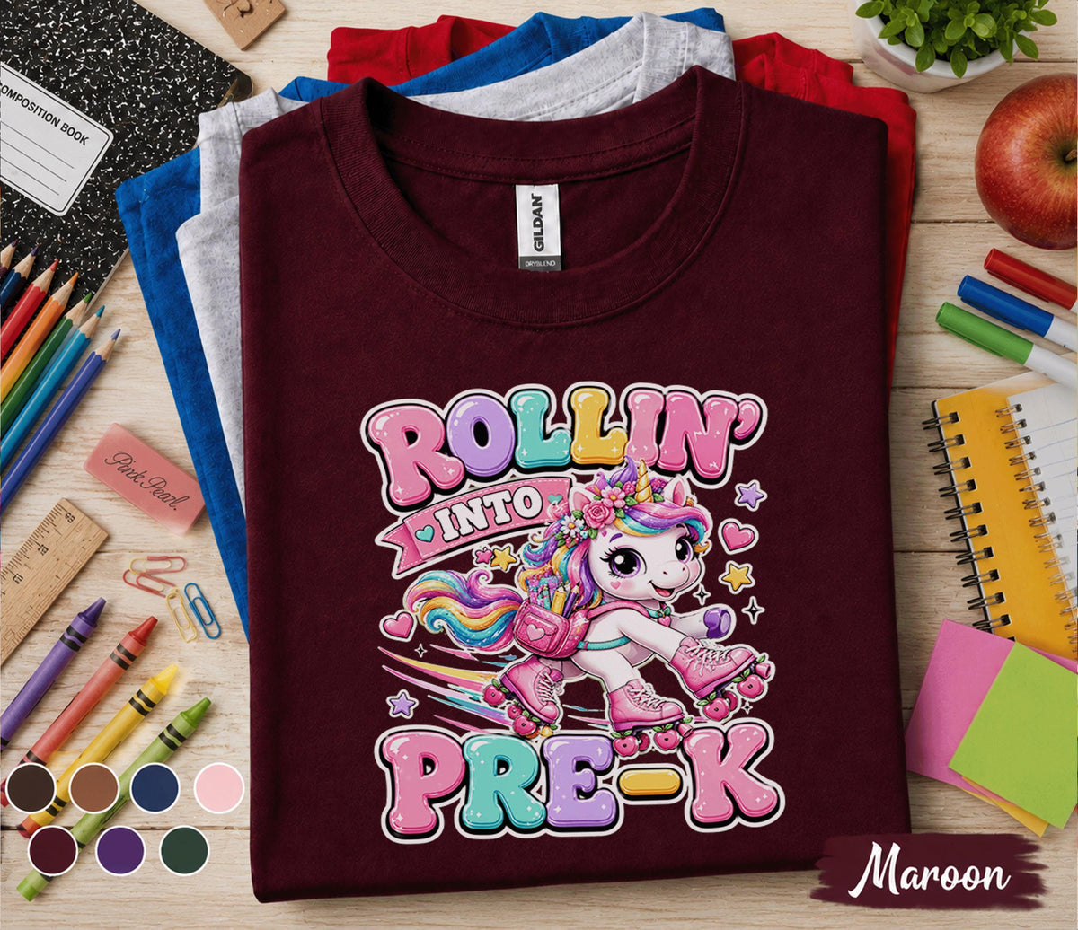 Rollin Into Pre-K Shirt Unicorn Roller Skates Back to School Tee First Day of Preschool Cute Pre-K Student Gift Girls School Outfit