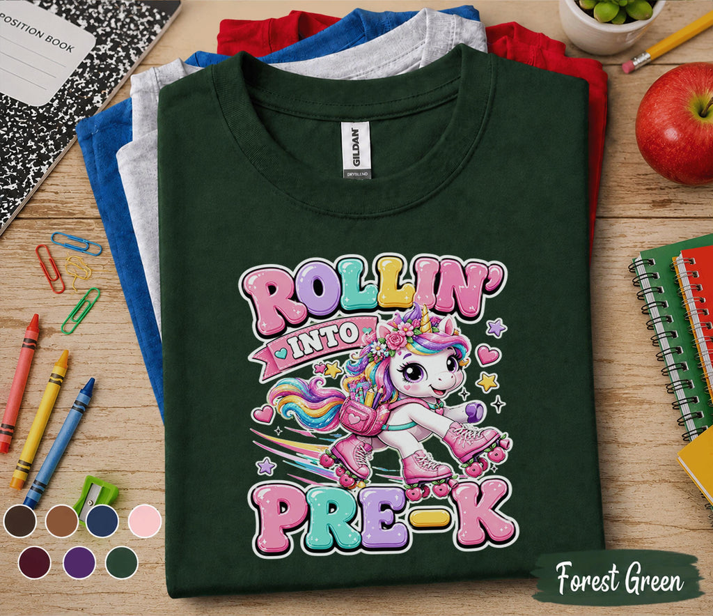 Rollin Into Pre-K Shirt Unicorn Roller Skates Back to School Tee First Day of Preschool Cute Pre-K Student Gift Girls School Outfit