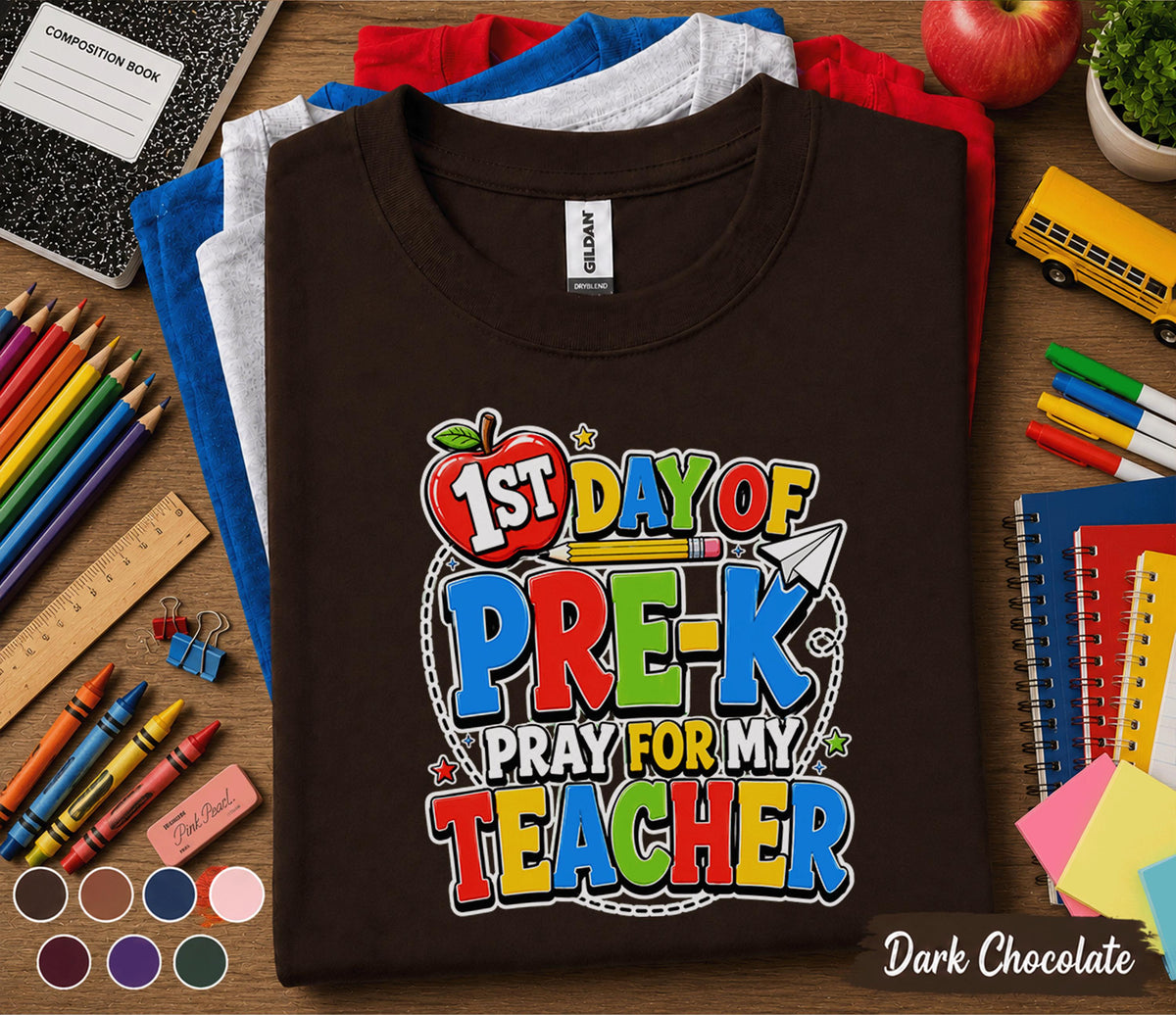 1st Day of Pre-K Pray for My Teacher Shirt Funny First Day of School Tee Preschool Student Back to School Outfit Kids Kindergarten Gift