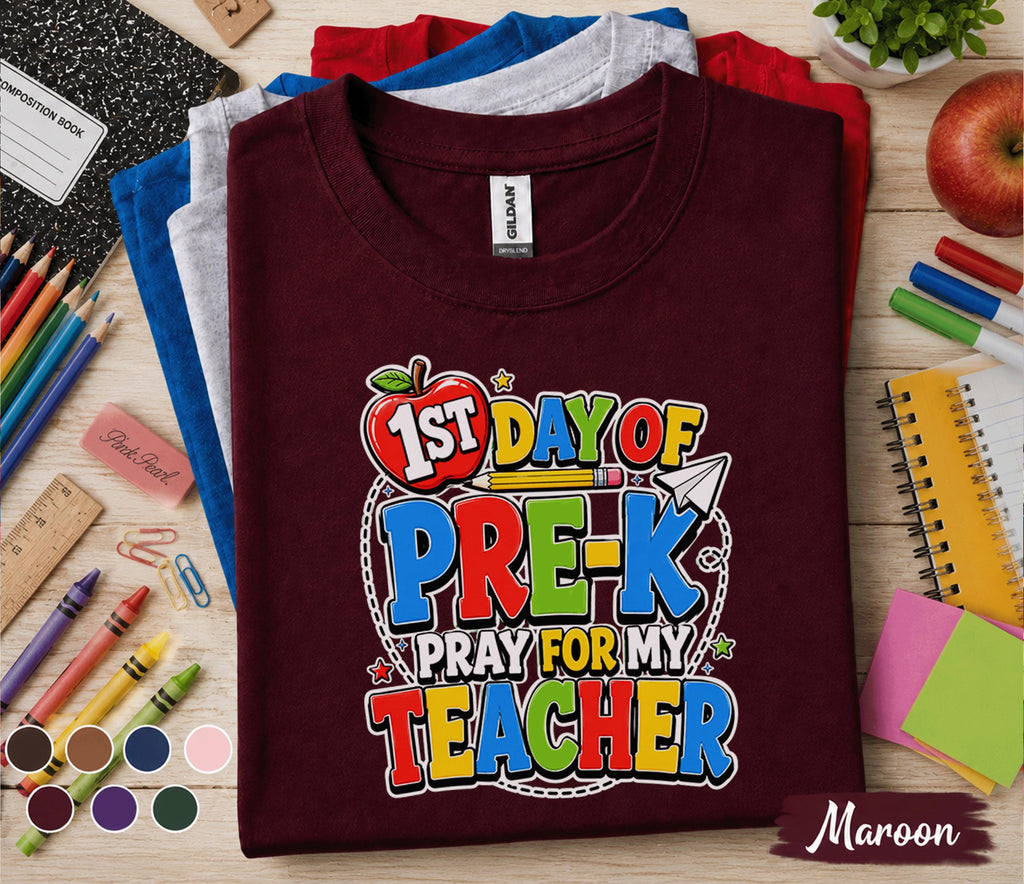 1st Day of Pre-K Pray for My Teacher Shirt Funny First Day of School Tee Preschool Student Back to School Outfit Kids Kindergarten Gift