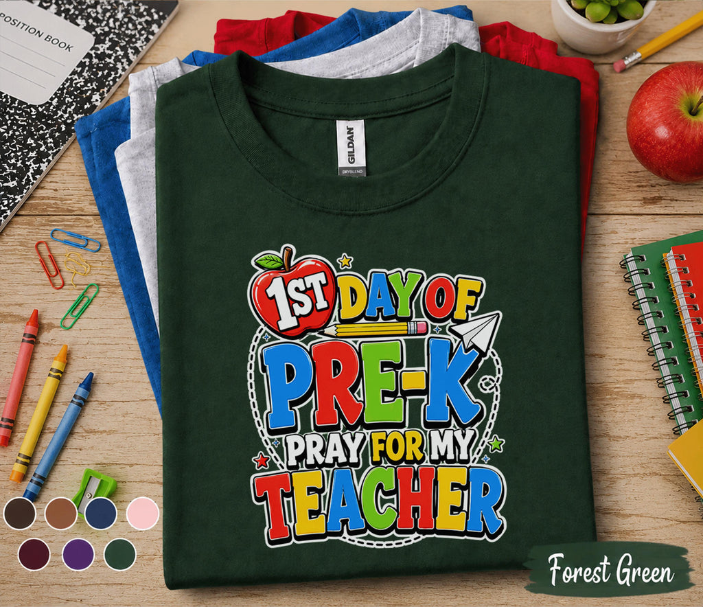 1st Day of Pre-K Pray for My Teacher Shirt Funny First Day of School Tee Preschool Student Back to School Outfit Kids Kindergarten Gift