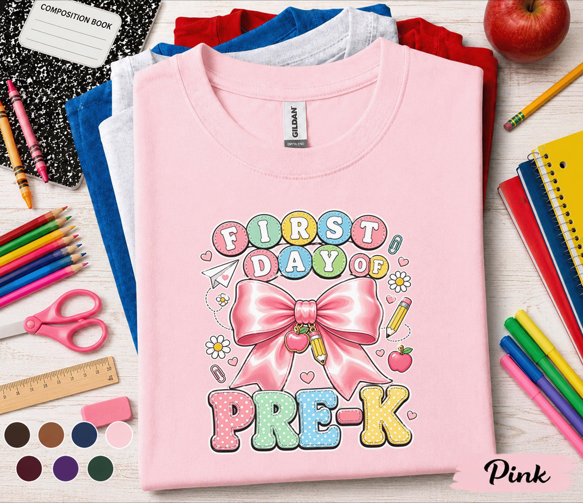 First Day of Pre-K Shirt Cute Pink Bow Back to School Tee Teacher Preschool Girl First Day Outfit Kindergarten Ready Student Gift for Girls