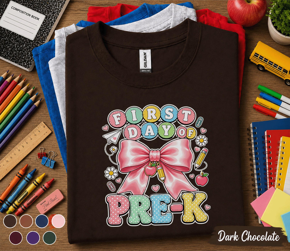 First Day of Pre-K Shirt Cute Pink Bow Back to School Tee Teacher Preschool Girl First Day Outfit Kindergarten Ready Student Gift for Girls