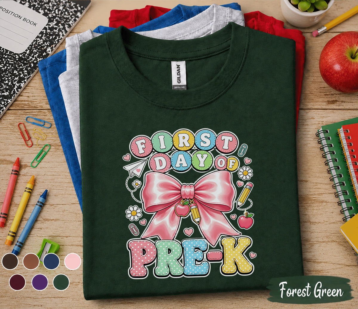 First Day of Pre-K Shirt Cute Pink Bow Back to School Tee Teacher Preschool Girl First Day Outfit Kindergarten Ready Student Gift for Girls
