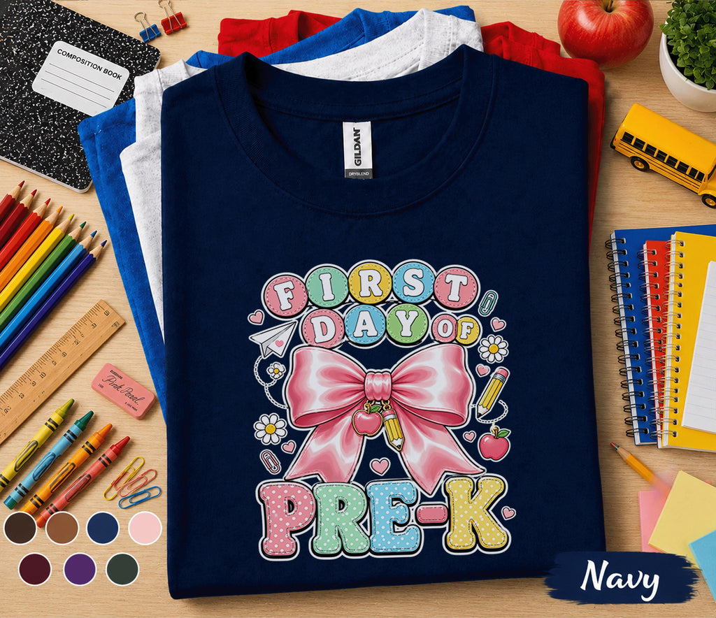 First Day of Pre-K Shirt Cute Pink Bow Back to School Tee Teacher Preschool Girl First Day Outfit Kindergarten Ready Student Gift for Girls