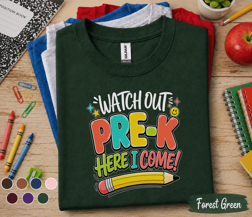 Watch Out Pre-K Here I Come Shirt First Day of Pre K Tee Back to School Shirt Preschool Toddler Outfit Kindergarten Ready Kids Gift