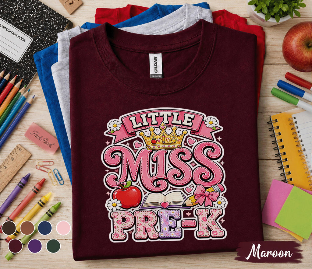 Little Miss Pre-K Shirt First Day of Pre-K Tee Cute Back to School Girl Shirt Preschool Princess Outfit Toddler Classroom Gift