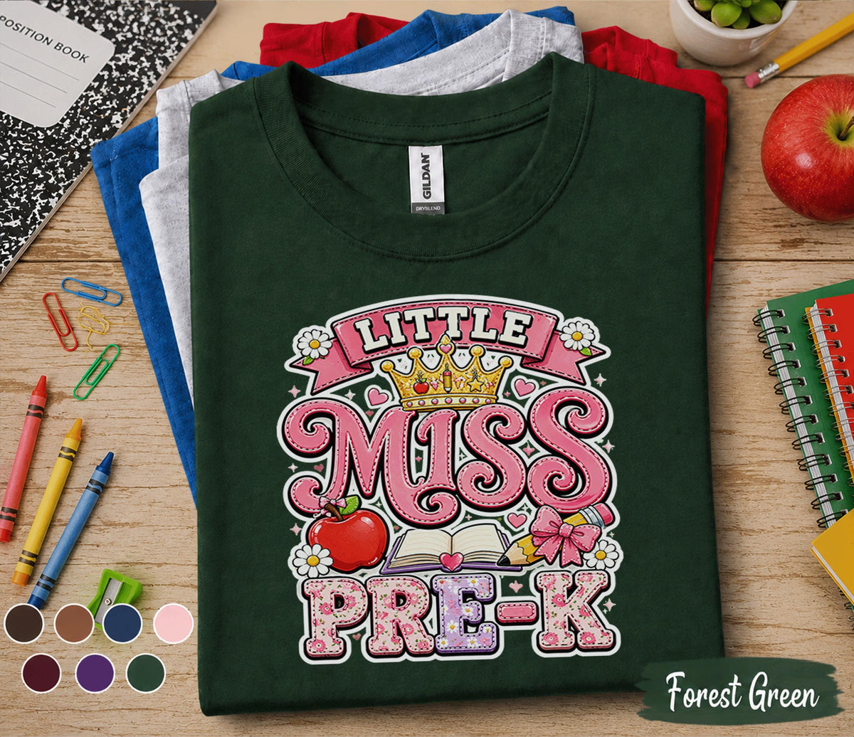 Little Miss Pre-K Shirt First Day of Pre-K Tee Cute Back to School Girl Shirt Preschool Princess Outfit Toddler Classroom Gift