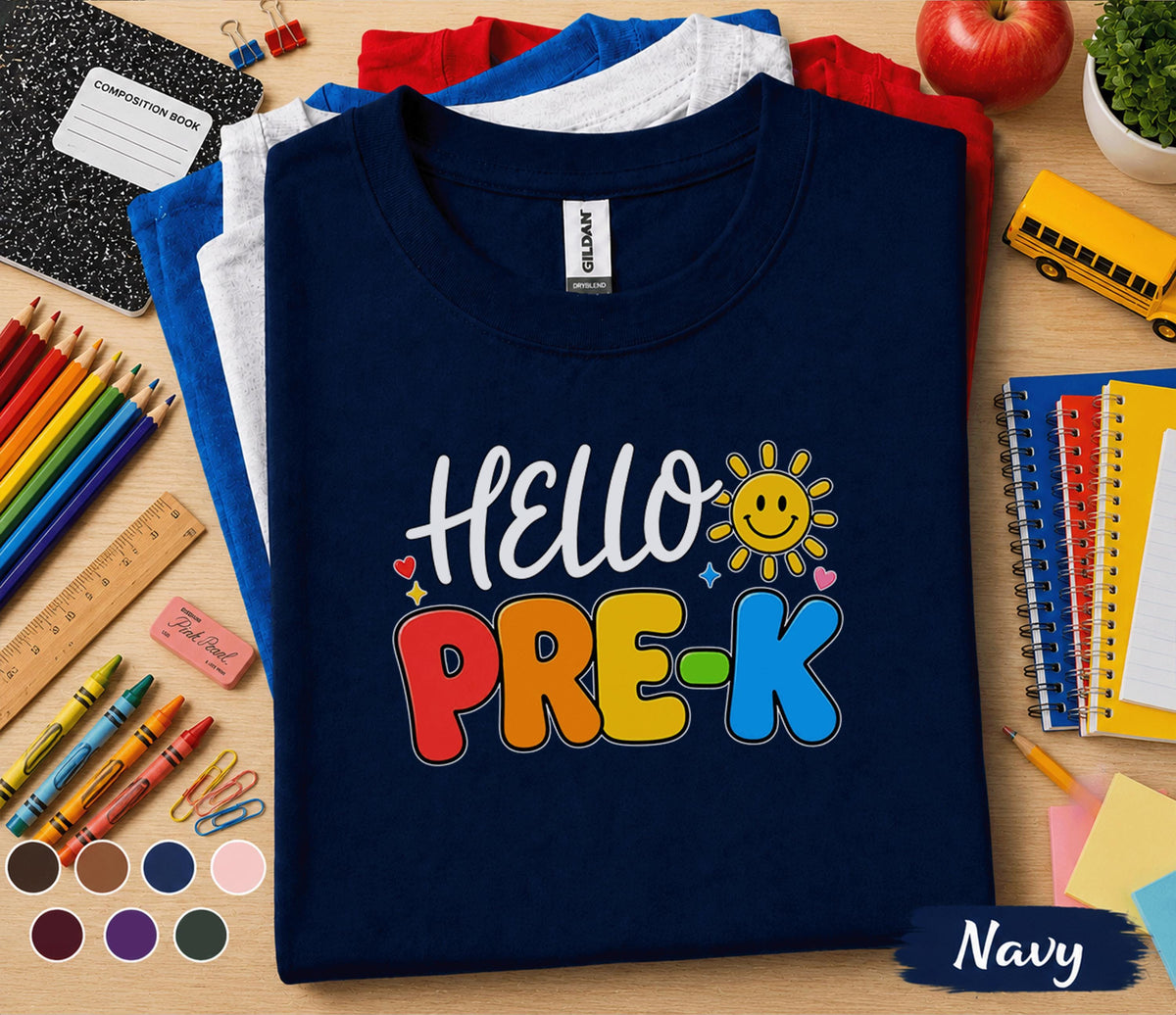 Hello Pre-K Shirt First Day of Pre-K Tee Teacher Back to School Preschool Shirt Toddler Student Outfit Kindergarten Prep Gift for Boys Girls