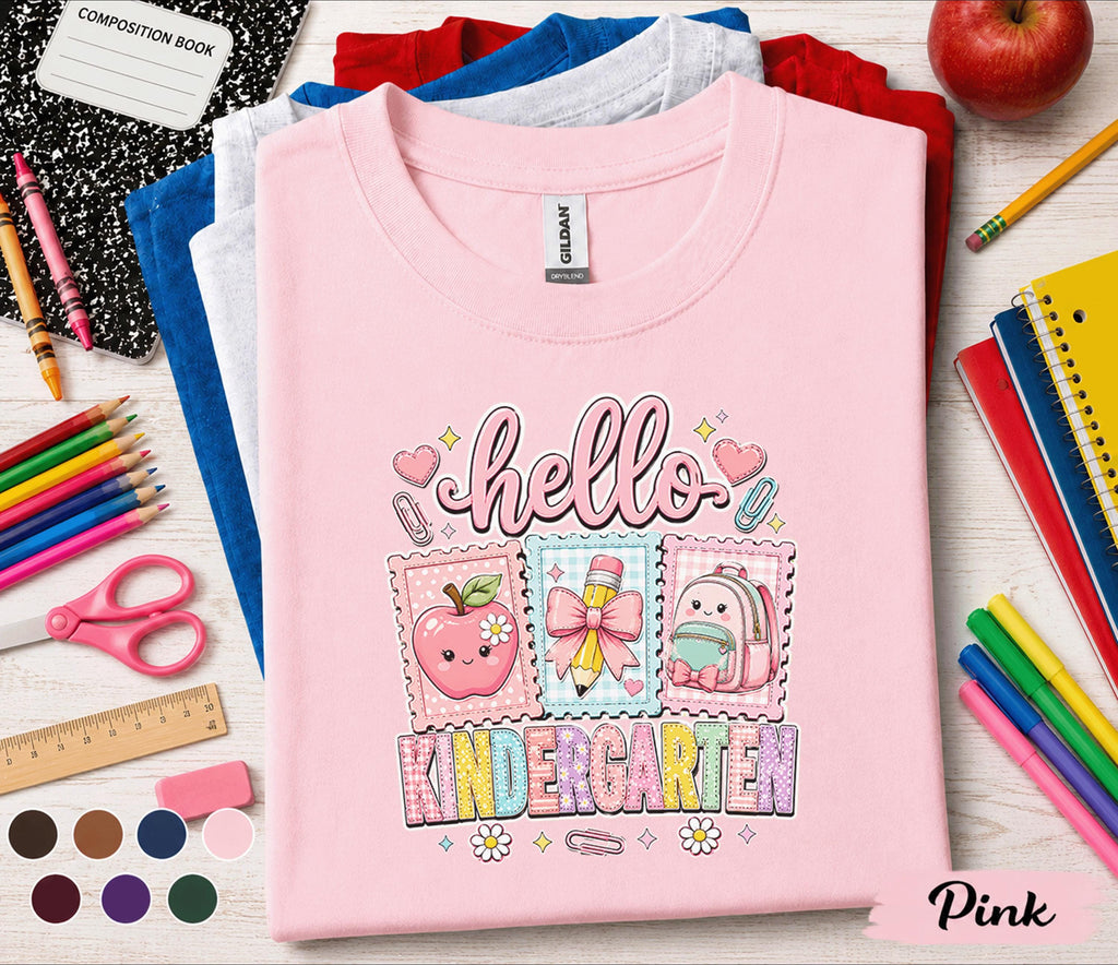 Hello Kindergarten Shirt Cute Coquette Back to School Tee Teacher First Day of Kindergarten Girl Pink Bow Apple Backpack Student Gift