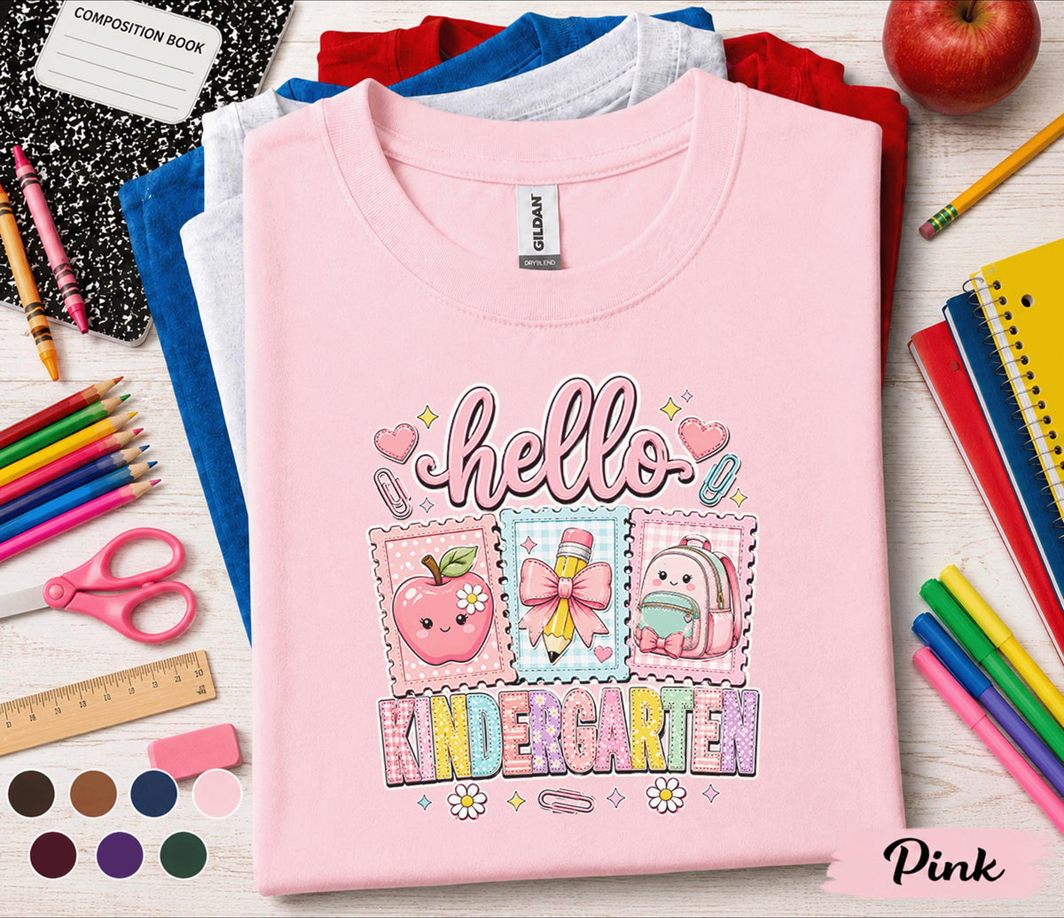 Hello Kindergarten Shirt Cute Coquette Back to School Tee Teacher First Day of Kindergarten Girl Pink Bow Apple Backpack Student Gift