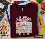 Hello Kindergarten Shirt Cute Coquette Back to School Tee Teacher First Day of Kindergarten Girl Pink Bow Apple Backpack Student Gift