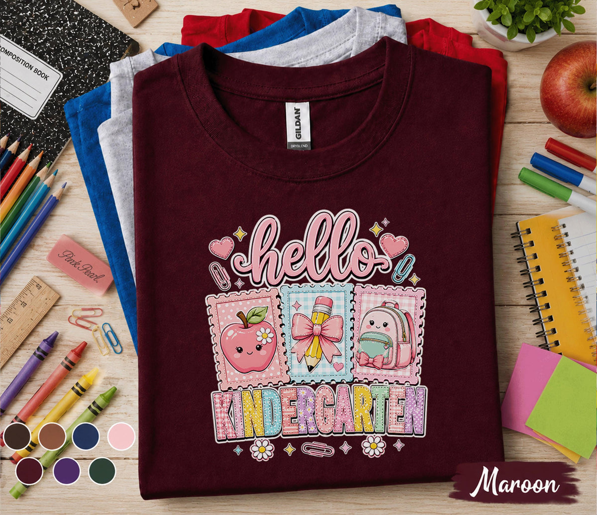 Hello Kindergarten Shirt Cute Coquette Back to School Tee Teacher First Day of Kindergarten Girl Pink Bow Apple Backpack Student Gift