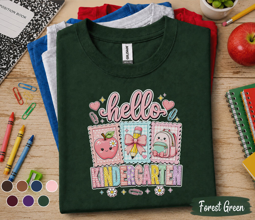Hello Kindergarten Shirt Cute Coquette Back to School Tee Teacher First Day of Kindergarten Girl Pink Bow Apple Backpack Student Gift