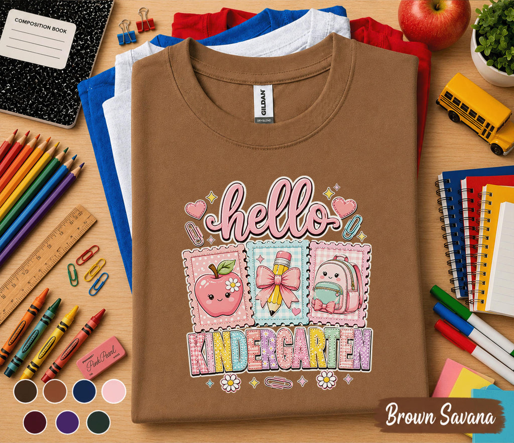Hello Kindergarten Shirt Cute Coquette Back to School Tee Teacher First Day of Kindergarten Girl Pink Bow Apple Backpack Student Gift