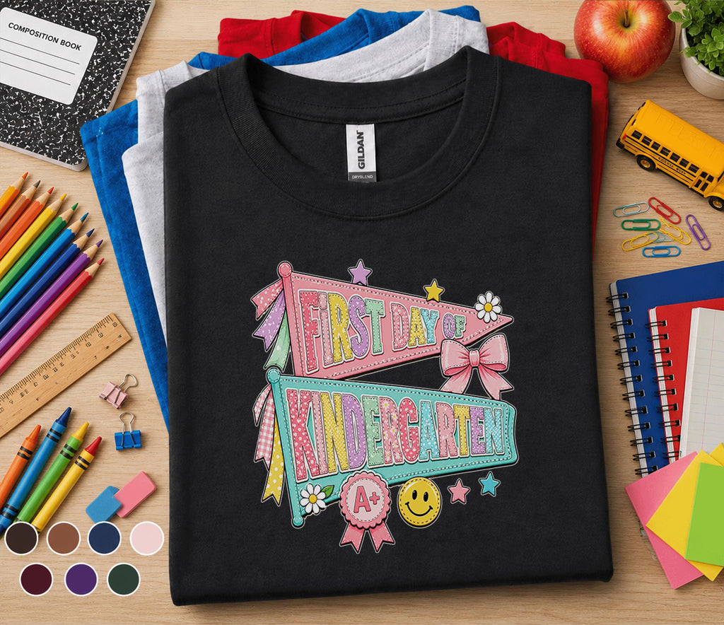 First Day of Kindergarten Shirt Coquette Back to School Tee Girl Cute Pennant Flags Bow Smiley Face Student Outfit Gi...