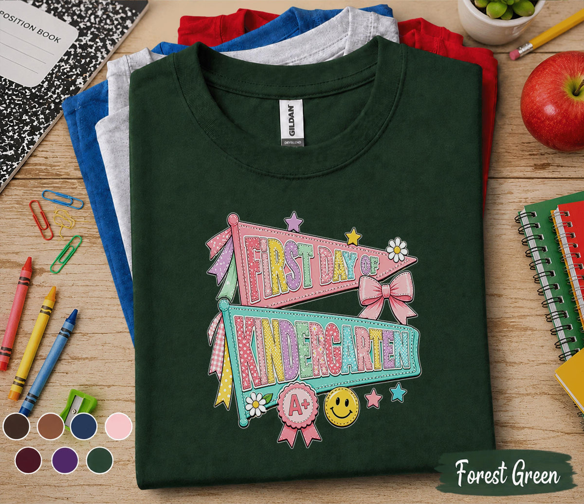 First Day of Kindergarten Shirt Coquette Back to School Tee Girl Cute Pennant Flags Bow Smiley Face Student Outfit Girl School Gift Teacher