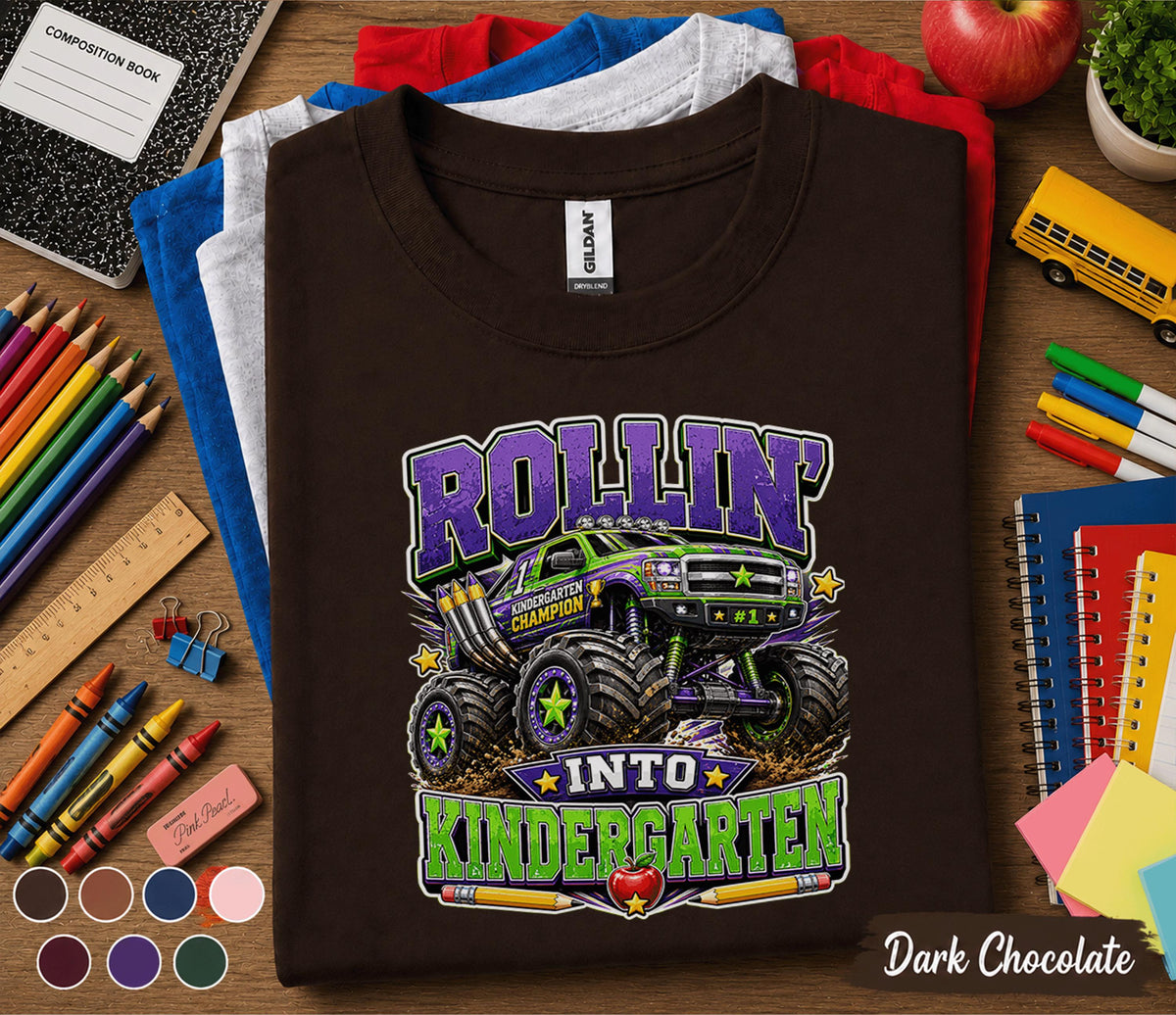 Rollin Into Kindergarten Shirt Monster Truck Back to School Tee First Day of Kindergarten Shirt Truck Lover Kids School Outfit Boy Gift